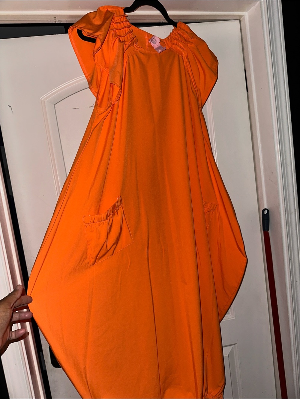 Women's Orange Maxi Dress with Ruched Shoulders and Pockets